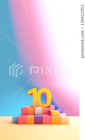 Golden number ten on a podium of colorful toy blocks. celebration concept for 10th anniversary, birthday, or top 10 rating list on a bright blue and pink background 138422951