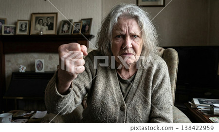 A portrait of an elderly woman with grey hair sitting in an armchair, looking directly at the camera with an angry expression and holding up a clenched fist 138422959