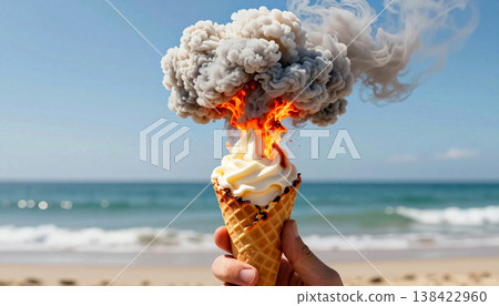 Surreal concept of an exploding ice cream cone. Global warming and heatwave concept. Atomic Summer. nuclear mushroom cloud is erupting from the cone 138422960