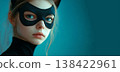 Superhero woman in a black mask and tactical suit on a city rooftop at night. banner with copy space for text 138422961