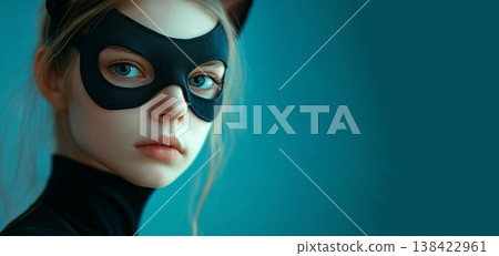 Superhero woman in a black mask and tactical suit on a city rooftop at night. banner with copy space for text 138422961