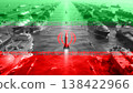 Geopolitical tension and maritime security concept. Digital illustration of a missile over a shipping lane with many cargo ships and tankers, overlaid with the colors of the Iranian flag 138422966