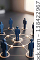 Business networking and leadership concept. Blue human figures connected by a digital glowing circle and lines representing a professional team, organization structure, or social community 138422967