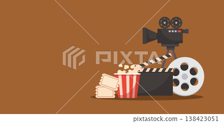 Movie theater entertainment set with popcorn and film equipment. vector illustration Movie theater entertainment set with popcorn and film equipment. vector illustration 138423051