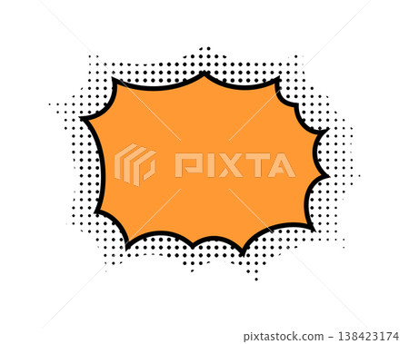 Blank orange speech bubble with dotted halftone background in cartoon style. Comic dialogue label. Empty textbox, message cloud, emphasis or explosion anime book or movie effect. Vector illustration 138423174