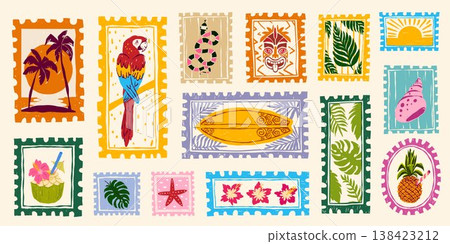 Vintage summer tropical hand drawn postage stamps Vintage summer tropical hand drawn postage stamps 138423212