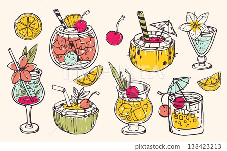 Vintage doodle cocktail, tropical bar sketch print Vintage doodle cocktail, tropical bar sketch print 138423213