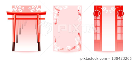 Japanese cards with torii gate, koi fish 138423265