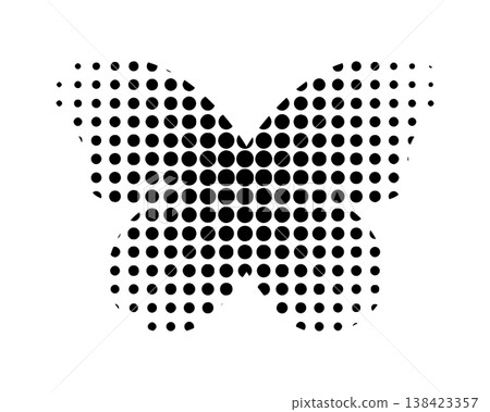 Butterfly shape with polka dot texture. Trendy machaon or monarch silhouette with grainy halftone texture isolated on white background. Vector graphic illustration 138423357