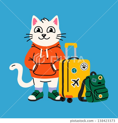 Adorable Cat Ready for Travel with Luggage Character Adorable Cat Ready for Travel with Luggage Character 138423373