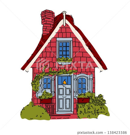 Cute Red Cottage House Illustration with Garden 138423386