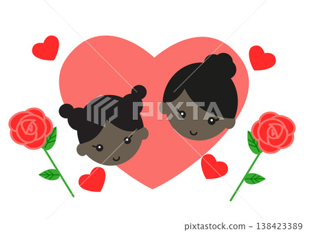 母親節：一幅插圖，描繪了一個黑人女孩、她的母親和一朵朵玫瑰花，它們被放置在一個心形圖案中。 138423389