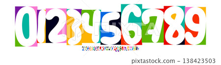 Color Numbers Letters Alphabet Font for Kid Birthday Years Logo, Corporate Anniversary Sign, Race Sport Team Jersey Numeric. Colorful Cutout Paper Typographic Design. Vector Illustration Color Numbers Letters Alphabet Font for Kid Birthday Years Logo, Corporate Anniversary Sign, Race Sport Team Jersey Numeric. Colorful Cutout Paper Typographic Design. Vector Illustration 138423503