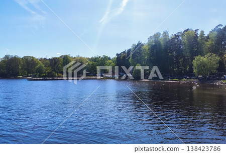 Serene lake surface reflecting sky and surrounding environment. Ideal for relaxation themes, backgrounds, and scenic photography. 138423786