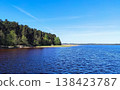 Serene lake surface reflecting sky and surrounding environment. Ideal for relaxation themes, backgrounds, and scenic photography. 138423787