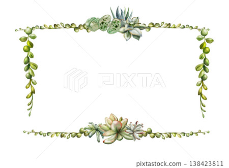 Watercolor rosette succulents, sansevieria echeveria sedum, cascading curio vines as corner frame. Isolated illustration hand drawn in watercolor. Botanical border for wedding stationery, menu cards Watercolor rosette succulents, sansevieria echeveria sedum, cascading curio vines as corner frame. Isolated illustration hand drawn in watercolor. Botanical border for wedding stationery, menu cards 138423811