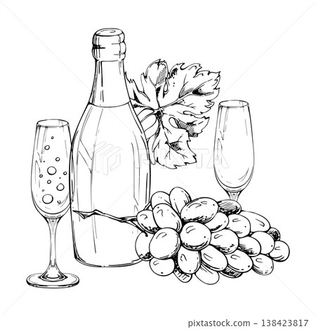 Champagne bottle, flute glasses with bubbly sparkling drink, grape bunch and leaf. Isolated vector composition hand drawn in ink. Wine education materials, table cards and placemats, catering flyers Champagne bottle, flute glasses with bubbly sparkling drink, grape bunch and leaf. Isolated vector composition hand drawn in ink. Wine education materials, table cards and placemats, catering flyers 138423817
