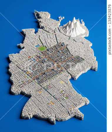 Miniature cityscape shaped as Germany map on flat background - ai generated 138423876