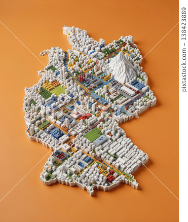 Miniature cityscape shaped as Germany map on flat background - ai generated 138423889