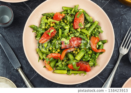 Smoked Trout Salad with Asparagus and Green Peas 138423913
