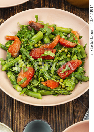 Smoked Trout Salad with Asparagus and Green Peas Smoked Trout Salad with Asparagus and Green Peas 138423914