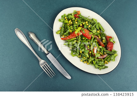 Healthy fish salad with smoked trout and asparagus. Healthy fish salad with smoked trout and asparagus. 138423915