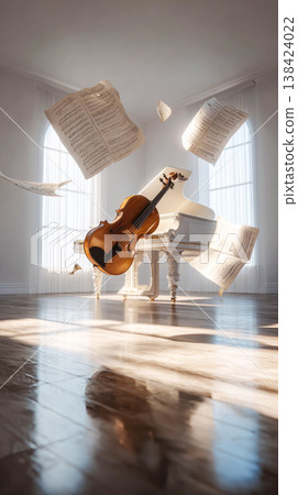 Violin and piano levitating with sheet music in a modern minimal space. Suitable for conceptual imagery, music visuals, and design inspiration. 138424022