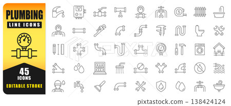 Plumbing Line Icon Set Featuring Editable Stroke Vector Symbols Of Pipes, Water Systems, Tools, And Maintenance. Clean Modern Design Ideal For Web, Apps, Construction Projects, And Infographics. 138424124