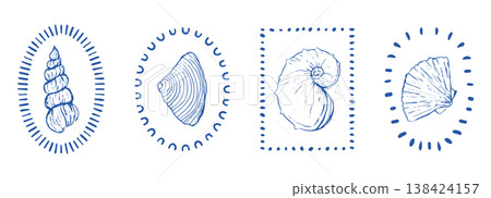 Coastal seashell retro blue stamp, marine nautical theme. Minimalist retro sea print designs sketch with outline seashells illustrations in whimsical frames Coastal seashell retro blue stamp, marine nautical theme. Minimalist retro sea print designs sketch with outline seashells illustrations in whimsical frames 138424157