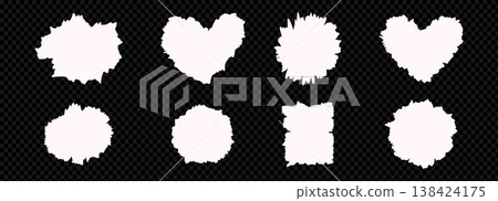 Torn sheets pieces of paper stripes torn edge set. Ripped collage set of shapes transparent background. Ripped heart, oval, rectangle clip art. Ripped paper note border grunge brush stroke 138424175