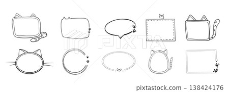 Empty cute cat or dog, pet frame set, speech bubble with ears and tail, border with paw print. Doodle sketch hand drawn elements. Footprint badge, border divider.  138424176