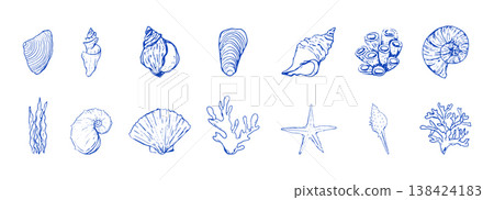 Blue seashells and starfish set sketch hand drawn illustrations, coastal illustration. Minimalist line art. Summer vacation design elements for trendy prints,  138424183