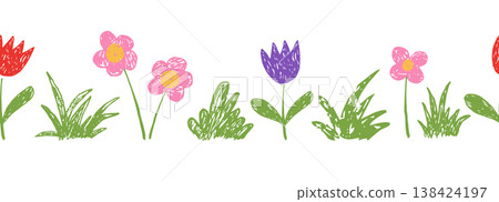 Childlike kids drawing floral border with grass, flowers chalk or crayon scribble texture. Spring summer plants, meadow seamless ornament Childlike kids drawing floral border with grass, flowers chalk or crayon scribble texture. Spring summer plants, meadow seamless ornament 138424197