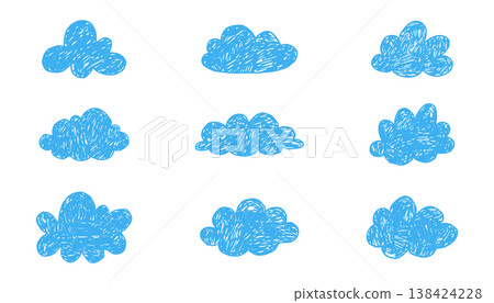 Crayon cloud hand drawn naive kids, baby, school background design. Childlike scribble blue clouds drawn with chalk weather elements, kid drawings. Crayon cloud hand drawn naive kids, baby, school background design. Childlike scribble blue clouds drawn with chalk weather elements, kid drawings. 138424228