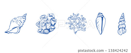 Blue seashells and starfish set sketch hand drawn illustrations, coastal illustration. Minimalist line art. Summer vacation design elements for trendy prints, Blue seashells and starfish set sketch hand drawn illustrations, coastal illustration. Minimalist line art. Summer vacation design elements for trendy prints, 138424242