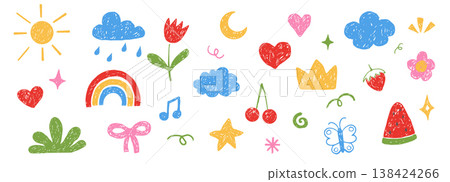 Cute crayon pencil preschool kindergarten doodle icons set. Childish scribble rainbow, stars, sun and moon, flowers, crown in sketch style.  138424266