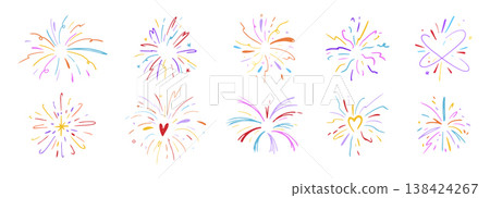 Crayon firework set pastel confetti, hand drawn sketch chalk texture. Kids color chalk pencil firecracker, sunburst, explosion 138424267