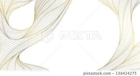 Luxury abstract gold wave pattern, elegant line art onwhite background. Japanese and Chinese vector design, smooth curves, flowing silk texture, premium frames, wallpapers, fabric prints. Luxury abstract gold wave pattern, elegant line art onwhite background. Japanese and Chinese vector design, smooth curves, flowing silk texture, premium frames, wallpapers, fabric prints. 138424275