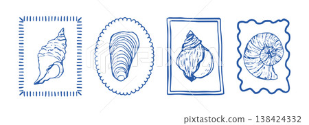 Coastal seashell retro blue stamp, marine nautical theme. Minimalist retro sea print designs sketch with outline seashells illustrations in whimsical frames Coastal seashell retro blue stamp, marine nautical theme. Minimalist retro sea print designs sketch with outline seashells illustrations in whimsical frames 138424332