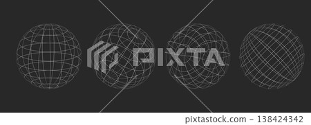 Globe grid spheres. Striped 3D spheres, geometry globe grid, Striped 3D orbs, Earth longitude and latitude line wireframe spheres, Earth globe hemispheres set. Geometry globe grid, 138424342