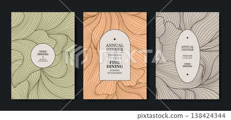 Luxury organic floral background with an elegant frame, delicate line flowers, ornamental leaves. Premium vector design for wedding invitations, gala cards, birthday flyers, monograms. 138424344