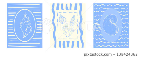 Coastal seashell retro poster set, marine nautical theme. Minimalist retro sea print designs sketch with outline seashells illustrations in whimsical frames Coastal seashell retro poster set, marine nautical theme. Minimalist retro sea print designs sketch with outline seashells illustrations in whimsical frames 138424362