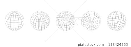Globe grid spheres. Striped 3D spheres, geometry globe grid, Striped 3D orbs, Earth longitude and latitude line wireframe spheres, Earth globe hemispheres set. Geometry globe grid, 138424363