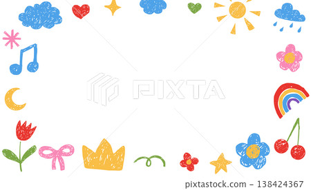 Kindergarden border box for frame crayon pastel and kid pencil doodle. Childish drawings on paper. Kids border with rainbow, cloud, flowers, stars and heart 138424367