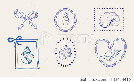 Coastal seashell retro blue stamp, marine nautical theme. Minimalist retro sea print designs sketch with outline seashells illustrations in whimsical frames Coastal seashell retro blue stamp, marine nautical theme. Minimalist retro sea print designs sketch with outline seashells illustrations in whimsical frames 138424410