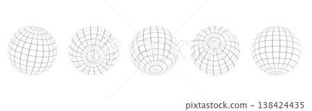 Globe grid spheres. Striped 3D spheres, geometry globe grid, Striped 3D orbs, Earth longitude and latitude line wireframe spheres, Earth globe hemispheres set. Geometry globe grid, Globe grid spheres. Striped 3D spheres, geometry globe grid, Striped 3D orbs, Earth longitude and latitude line wireframe spheres, Earth globe hemispheres set. Geometry globe grid, 138424435