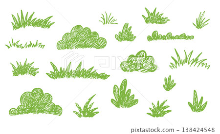 Green lawn grass with crayon, pastel or chalk texture childlike drawing. Bushes and shrubbery pencil sketched scribble foliage elements Green lawn grass with crayon, pastel or chalk texture childlike drawing. Bushes and shrubbery pencil sketched scribble foliage elements 138424548