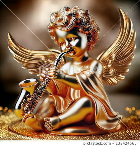 一尊純金打造的兒童天使雕像，他正用金色的薩克斯風演奏歡快的旋律。 138424563