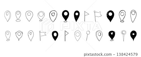 Doodle Location Pin set, pin line hand drawn for planner or map. Gps Navigation Markers pinpoints, tags, flag icons. Doodle Location Pin set, pin line hand drawn for planner or map. Gps Navigation Markers pinpoints, tags, flag icons. 138424579