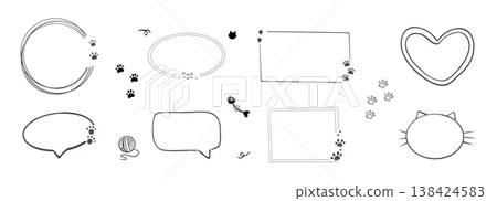 Empty cute cat or dog, pet frame set, speech bubble with ears and tail, border with paw print. Doodle sketch hand drawn elements. Footprint badge, border divider. Empty cute cat or dog, pet frame set, speech bubble with ears and tail, border with paw print. Doodle sketch hand drawn elements. Footprint badge, border divider. 138424583